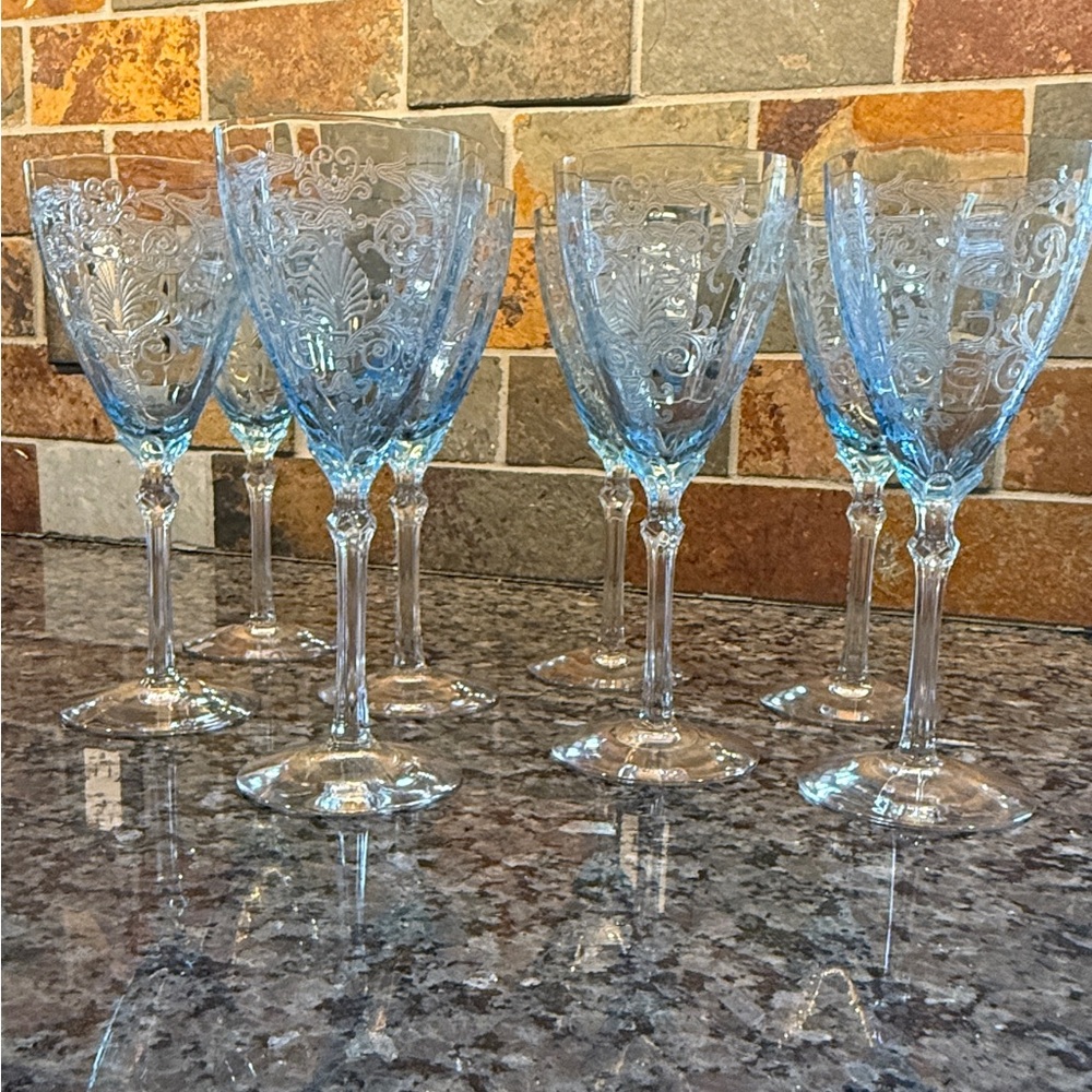 Vintage Fostoria Versailles Blue Water Stemware Blown Crystal Flawless 8pc set